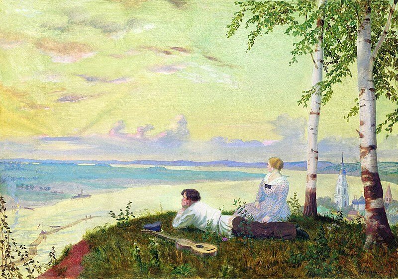 Looking at the Volga, 1922, by Boris Kustodiev reflects serene contemplation of Russia's landscape.