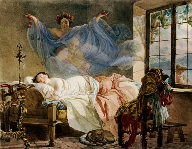 A Dream of a Girl Before a Sunrise, 1830-1833, by Karl Bryullov reflects the Romantic era's fascination with nature, emotion, and the mystical connection.