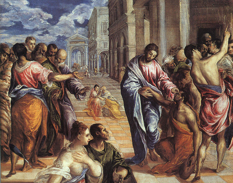 Christ Healing the Blind (1577) by El Greco reflects themes of divine mercy, faith, and spiritual enlightenment.