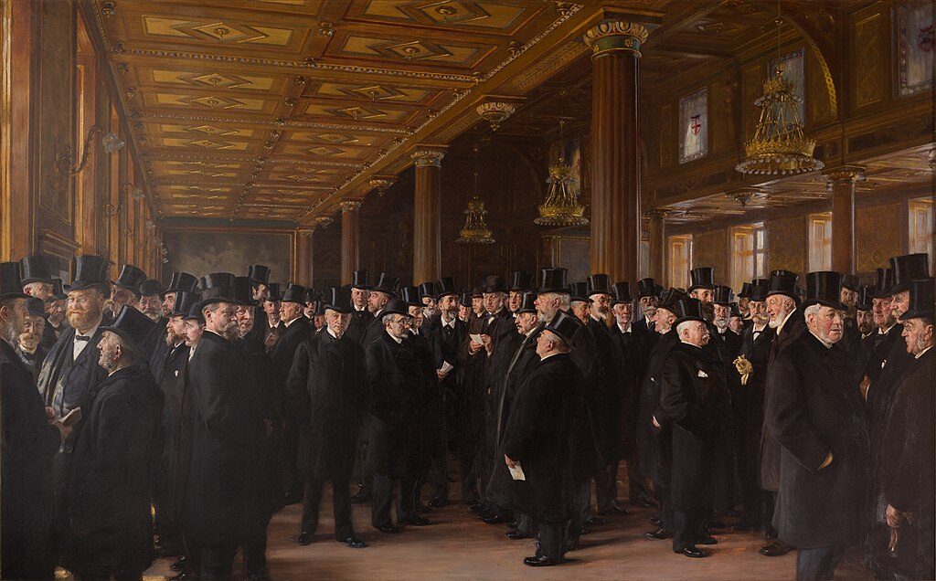 From the Bourse of Copenhagen, 1895, by Peder Severin Krøyer reflects the rhythm and dynamism of city life.