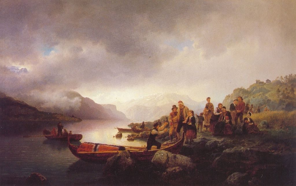 Likferd På Sognefjorden (Burial at Sognefjord, 1853) reflects a solemn and dramatic scene set in the Norwegian fjords.