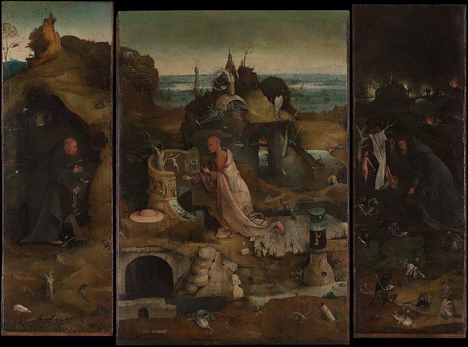 Hermit Saints Triptych (c. 1505) by Hieronymus Bosch reflects themes of solitude, devotion, and spiritual endurance.