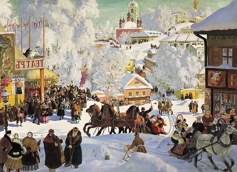 Pancake Tuesday, 1919, by Boris Kustodiev reflects the joyful spirit of Maslenitsa.
