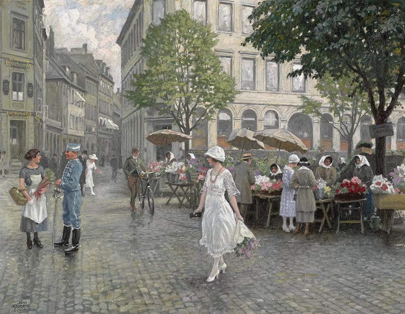 Højbro Plads, København, 1921, by Paul Fischer reflects a bustling, dynamic view of Copenhagen's Højbro Square.