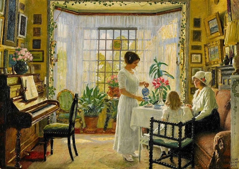 Interieur (1914), by Paul Fischer reflects a quiet and intimate moment within a domestic setting.