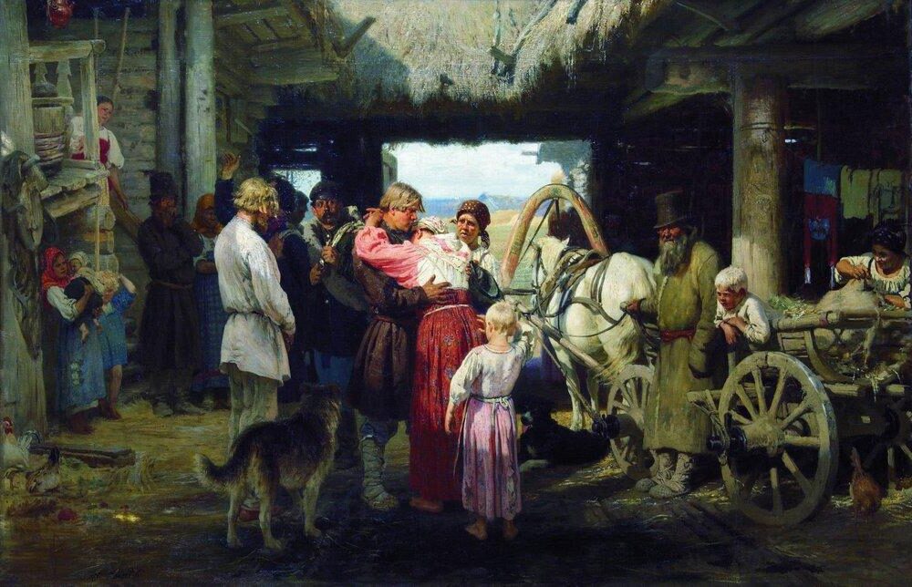Seeing off a Recruit, 1879, by Ilya Repin reflects the emotional and social impact of military conscription in Russia during the 19th century.