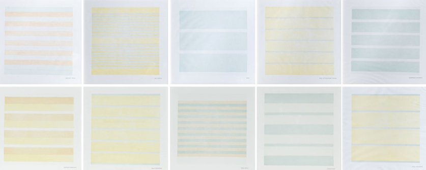 Senza titolo (Recent Paintings), 2000, by Agnes Martin reflects inner peace and transcendence through delicate grids, soft hues, and meditative minimalism.