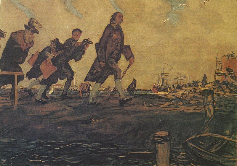 Peter I Walking Along the Embankment of St. Petersburg, 1907 reflects the visionary strength and solitude of Peter the Great.