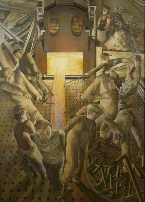 Shipbuilding on the Clyde: The Furnaces, 1945 reflects the sanctity of industrial labor during wartime.