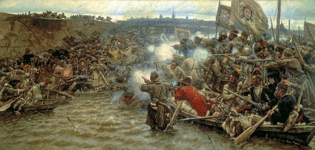 The Conquest of Siberia by Yermak Timofeyevich, 1895, by Vasily Surikov reflects a pivotal moment in Russian history.