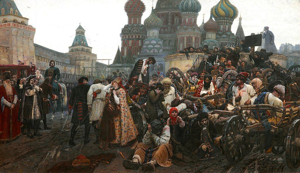 The Morning of the Streltsy Execution, 1881, by Vasily Surikov reflects the tension and cruelty of political repression in Tsarist Russia.