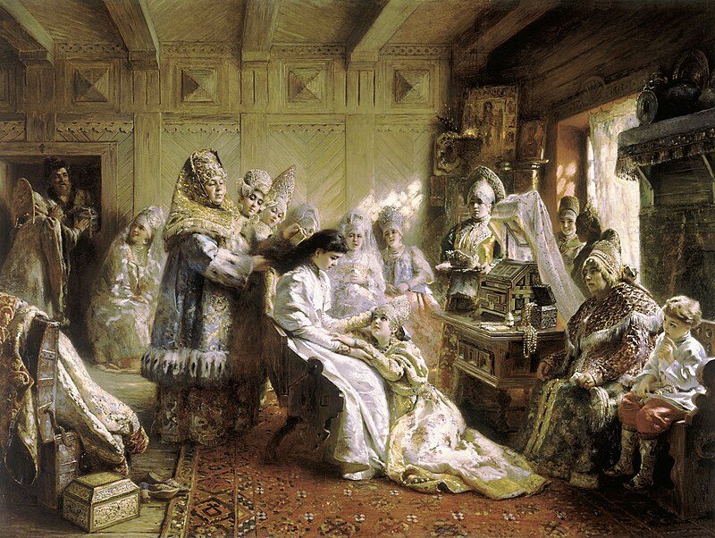Beneath the Crown / The Russian Bride's Attire / Before the Wedding, 1890 reflects pre-revolutionary Russian rituals, familial roles, and the emotional weight of arranged marriages in aristocratic society.