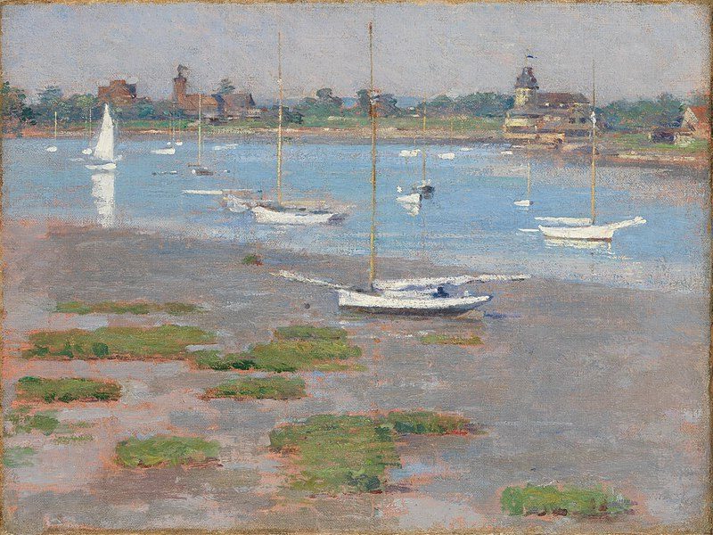 Low Tide, Riverside Yacht Club, 1894, by Theodore Robinson reflects a serene and observational glimpse into coastal leisure culture