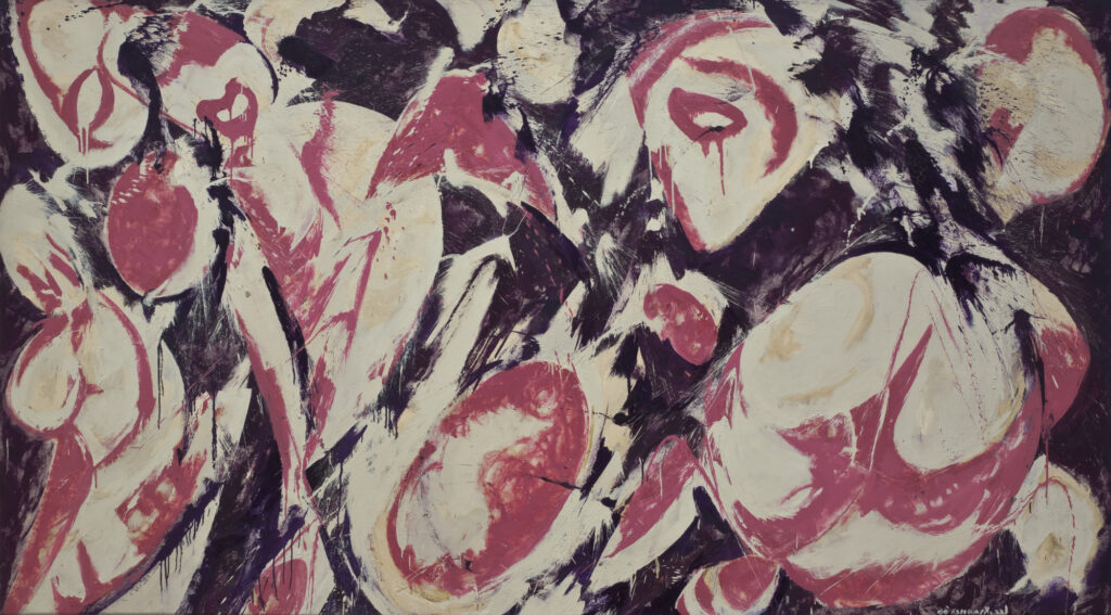 Gaea, 1966, by Lee Krasner reflects the primal power and generative force of nature through vibrant colors and organic, flowing forms.