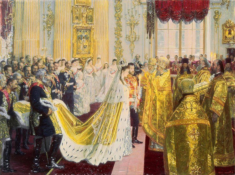 The Wedding of Tsar Nicholas II, 1895, by Laurits Tuxen reflects the grandeur and ceremonial opulence of imperial Russia.