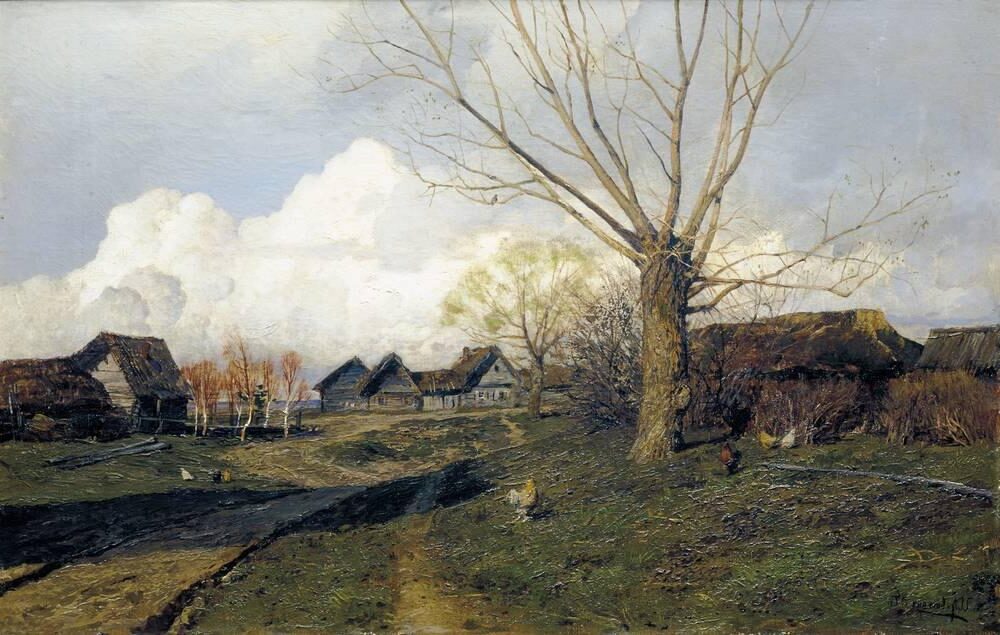 Savvinskaya Sloboda near Zvenigorod, 1884, by Isaac Levitan reflects Levitan's focus on the Russian countryside and its tranquil beauty.