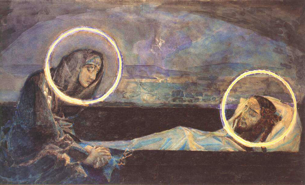 Tombstone Crying, the second version, 1887, by Mikhail Vrubel reflects grief and spiritual longing.