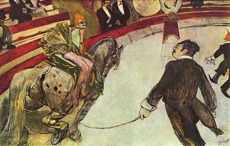 At the Circus Fernando, The Rider (Au cirque Fernando, l'écuyère), 1888 reflects a striking depiction of a circus performer balancing on horseback