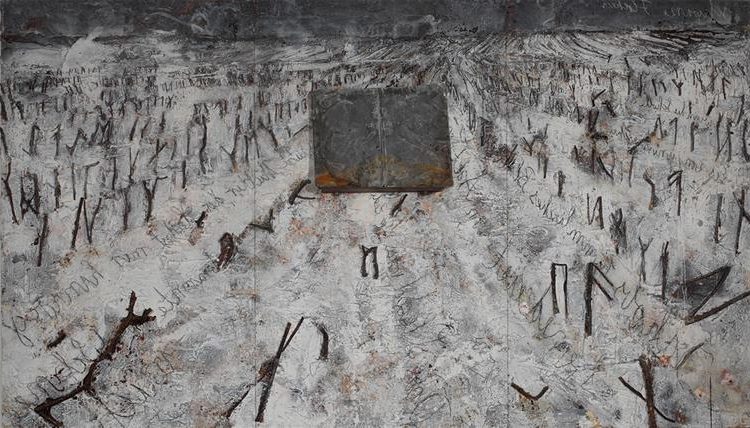 Black Flakes, 2006, by Anselm Kiefer reflects the fragility of memory and the persistence of cultural trauma through a haunting interplay of ash, text, and texture.