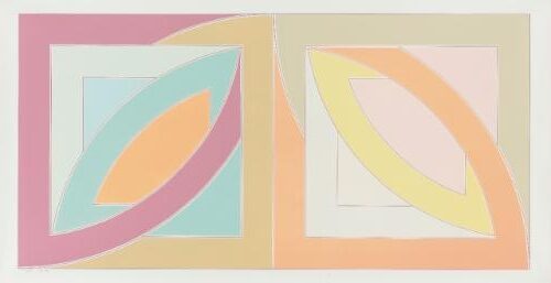 Bonne Bay, 1971, by Frank Stella reflects a vibrant exploration of space and movement through dynamic shapes, vivid color, and layered geometric abstraction.
