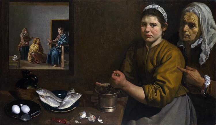 Christ in the House of Mary and Martha (c. 1620) by Diego Velázquez reflects Velázquez’s exploration of religious themes through a genre painting approach.