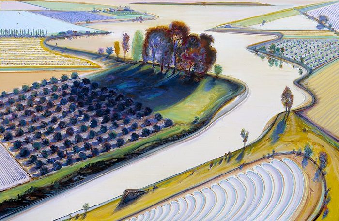 Flatland River, 1997, by Wayne Thiebaud reflects a surreal interpretation of the American landscape.