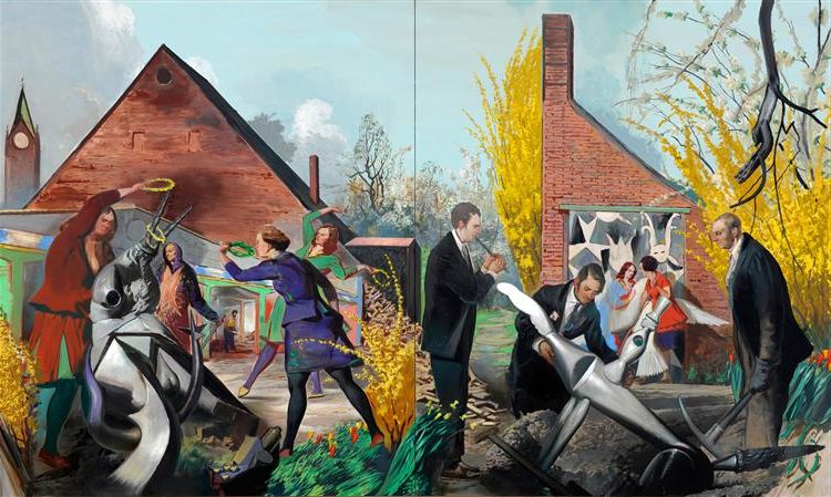 Fundgrube, 2011, by Neo Rauch reflects the disjointed nature of memory and history through a surreal blend of industrial and pastoral elements.