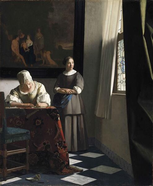 Lady Writing a Letter with Her Maid (c.1670) reflects the theme of communication and social hierarchy.