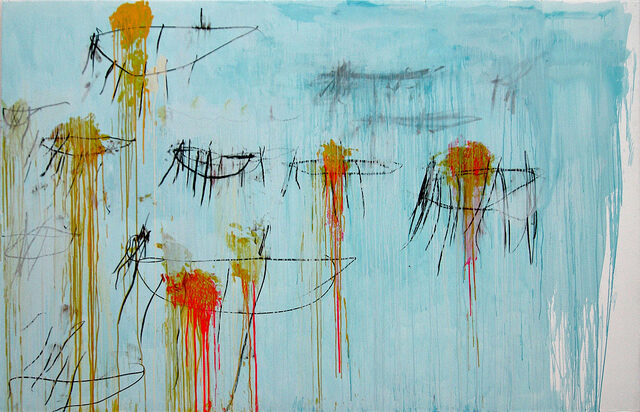 Lepanto, Part III, 2001, by Cy Twombly reflects the chaotic intensity of historical battle and human conflict through dynamic brushstrokes.