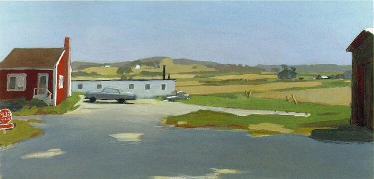 Long Island Landscape with Red Building, 1962 reflects the calm interplay between human presence and natural beauty.