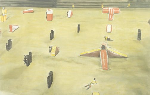 Mayhem, 2003, by Luc Tuymans reflects the unsettling intersection of play and violence.