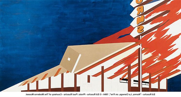Norms, La Cienega on Fire, 1964, by Edward Ruscha reflects the tension between the mundane and the surreal in American life.