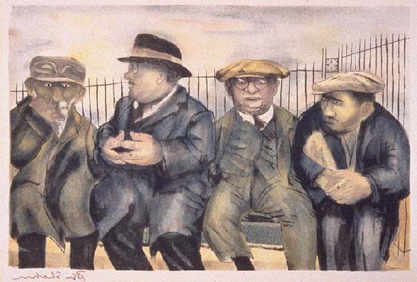 Seward Park, 1936, by Ben Shahn reflects the everyday lives of working-class immigrants in New York City.