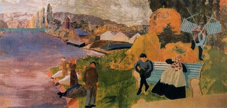 People By The River, 1922, by Stanley Spencer reflects the sanctity of everyday life through a Neo-Romantic depiction of riverside figures.