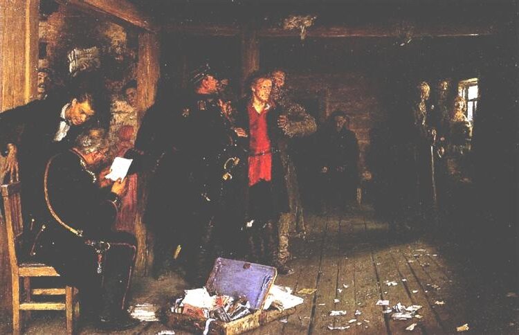 Putting a Propagandist Under Arrest, 1880–1892, by Ilya Repin reflects the political tension in Russia during the late 19th century.