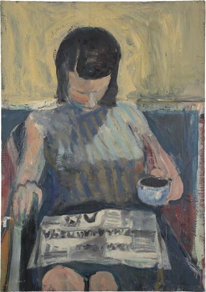 Woman with a Newspaper, 1960 reflects the quiet tension of daily life through a layered composition that balances figurative elements