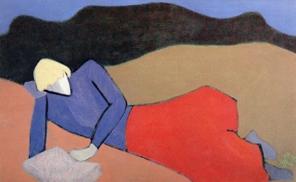 Reclining Reader, 1950, by Milton Avery reflects a quiet moment of introspection and leisure through simplified shapes and harmonious color.
