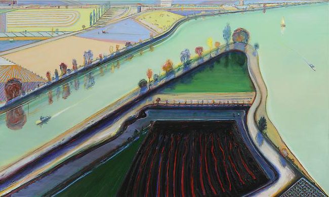 River Boats, 2001, by Wayne Thiebaud reflects a whimsical yet structured view of everyday Americana.