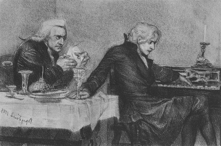 Salieri Pours Poison into Mozart's Glass, 1884, by Mikhail Vrubel reflects the tension between genius and envy.