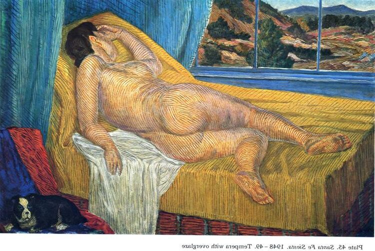 Santa Fe Siesta, 1948–1949, by John Sloan reflects a tranquil moment of rest in the heat of the American Southwest.