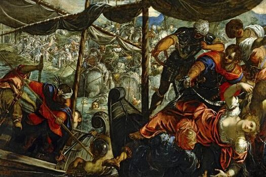 Battle between Turks and Christians (1588–1589) by Tintoretto reflects a fierce naval confrontation between Ottoman and Christian forces