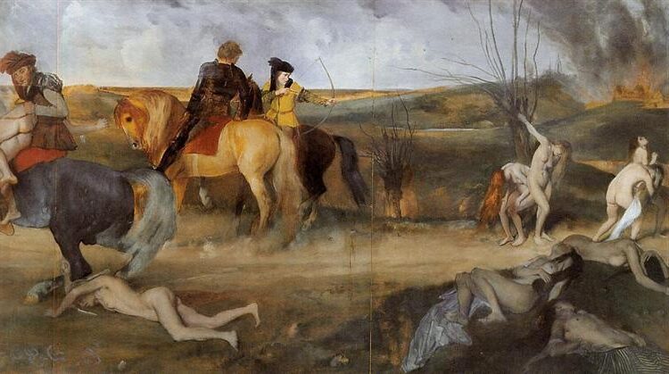 Scene of War in the Middle Ages, 1865 reflects his academic training, with a strong emphasis on composition, anatomy, and chiaroscuro.
