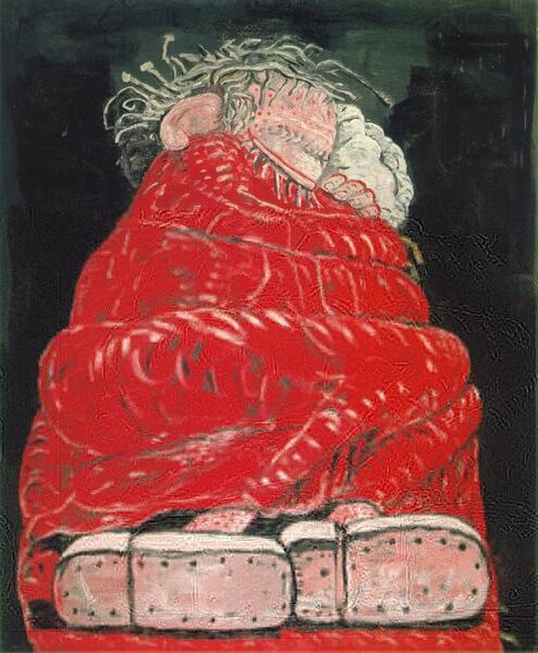 Sleeping, 1977, by Philip Guston reflects vulnerability and introspection through a raw, cartoon-like depiction of rest.
