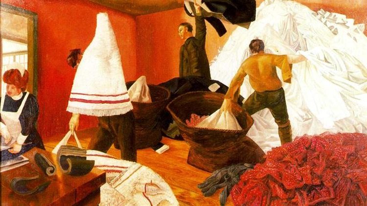 Sorting the Laundry, 1927–1932, by Stanley Spencer reflects the sanctity of wartime labor through a depiction of soldiers engaged in laundry duties.
