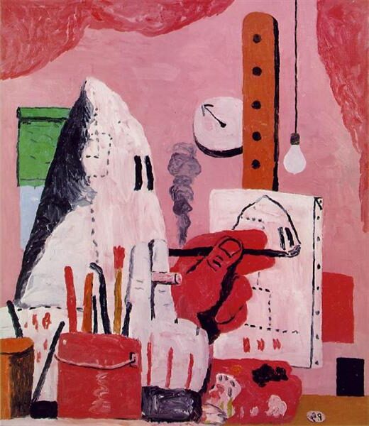The Studio, 1969, by Philip Guston reflects the artist’s self-examination and critique of the creative process.