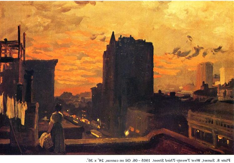 Sunset, West Twenty-Third Street, 1905–1906, by John Sloan reflects the poetic beauty found in everyday urban life.
