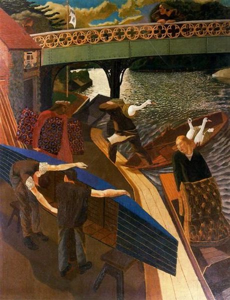 Swan Upping at Cookham, 1915–1919, by Stanley Spencer reflects the sanctity of everyday village life.