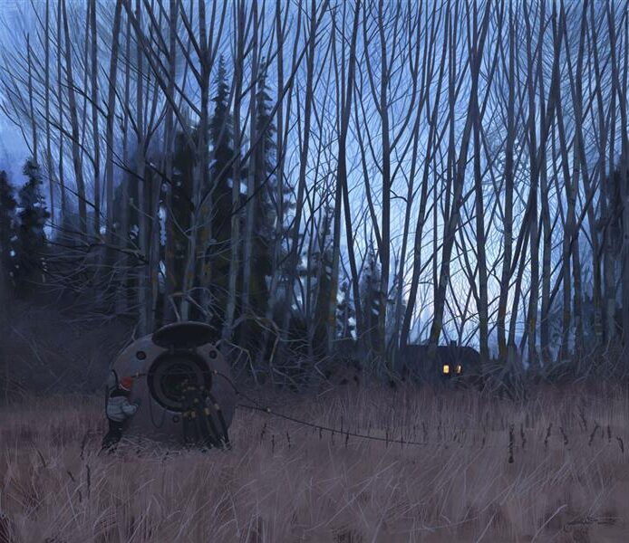 Tales from the Loop (2014) reflects a boy leaning on a large orb in the woods, surrounded by trees and a serene natural landscape