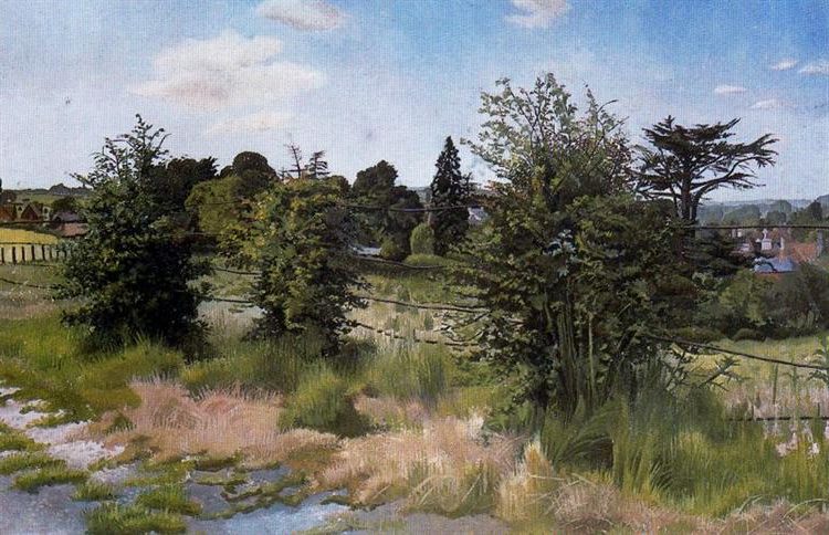Terry’s Lane, Cookham, 1922, by Stanley Spencer reflects the sanctity of everyday village life through a detailed depiction of a familiar childhood path.