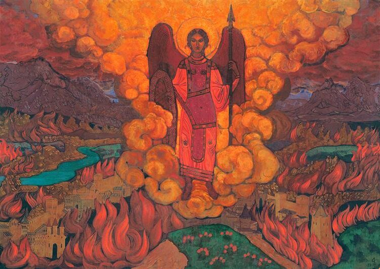 The Last Angel, 1912, by Nicholas Roerich reflects an apocalyptic vision of judgment and transcendence.